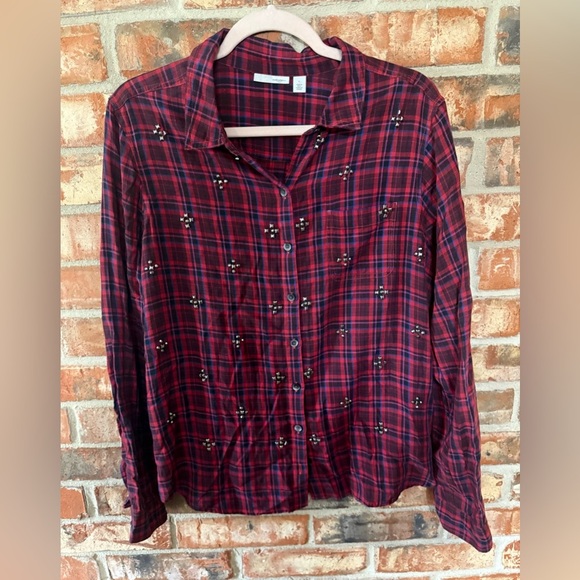 Halogen Burgundy Plaid Embellished Button Down Shirt - Picture 1 of 7